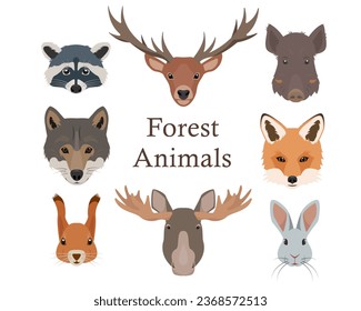 Waldtiere sind mit Gesichtern bedeckt. Ammentierkammlung aus Wildholz. Fuchs, Wolf, Hasen, Eichhörnchen, Eber, Hirsch, Elch und Raccoon Gesicht. Vektorgrafik einzeln auf weißem Hintergrund.