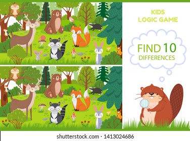 Los animales forestales encuentran diferencias de juego. Niños educados personajes de juegos, animales de bosque y bosques silvestres ilustraciones vectoriales