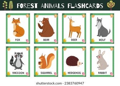 Forest animals flashcards collection for kids. Flash cards set with cute woodland characters for practicing reading skills. Fox, bear, deer, wolf and more. Vector illustration