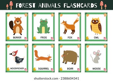 Forest animals flashcards collection for kids. Flash cards set with cute woodland characters for practicing reading skills. Beaver, fox, squirrel and more. Vector illustration