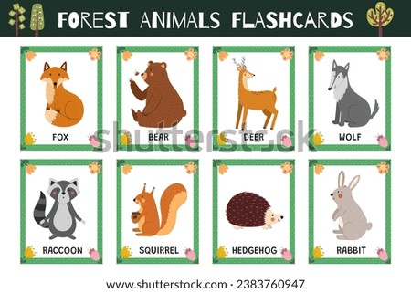 Forest animals flashcards collection for kids. Flash cards set with cute woodland characters for practicing reading skills. Fox, bear, deer, wolf and more. Vector illustration