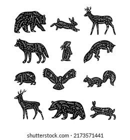 Forest animals with floral elements. Hand drawn silhouettes. Wild woodland animals. Flourish ornament. Vector illustration