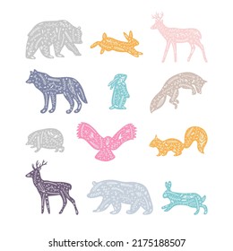Forest animals with floral elements. Wild woodland animals. Hand drawn silhouettes. Flourish ornament. Vector illustration