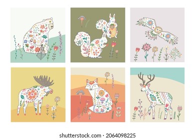 forest animals with floral ornament vector illustrations set