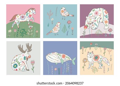 forest animals with floral ornament vector illustrations set