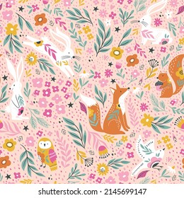 Forest animals with flower, leaves, childish seamless pattern, vector design for fashion, fabric, wallpaper and all prints.