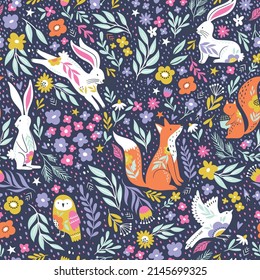 Forest animals with flower, leaves, childish seamless pattern, vector design for fashion, fabric, wallpaper and all prints.