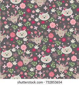 Forest animals and flowers. Spring collection. Vector illustration. Seamless pattern.