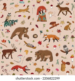 Forest animals: fox, bear, hare, deer, owl vector seamless pattern.