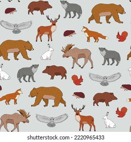 Forest animals: fox, bear, owl, hare, squirrel, wolf, hedgehog, boar illustrations vector seamless pattern.