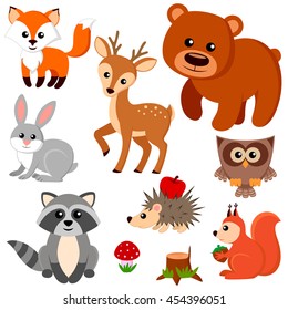 Forest animals. Fox, bear, raccon, hare, deer, owl, hedgehog, squirrel, agaric and tree stump