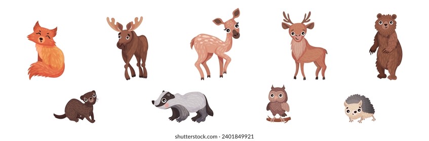 Forest Animals with Fox, Deer, Otter, Elk and Bear Vector Set