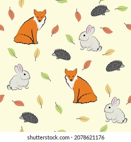 Forest animals - fox, hare and hedgehog, seamless cartoon vector pattern 