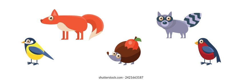 Forest Animals with Fox, Raccoon, Bird and Hedgehog Vector Set