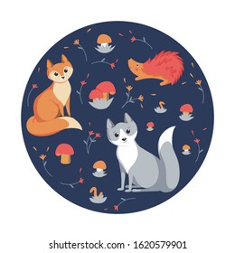 Forest animals: fox, wolf and hedgehog on blue background with flowers and mushrooms. Vector illustration in cute cartoon style