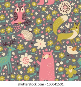 Forest animals Ã¢Â?Â? funny cartoon seamless pattern with Deer, Bear, Fox, Hedgehog and owl in vector. Seamless pattern can be used for wallpapers, pattern fills, web page backgrounds,surface textures