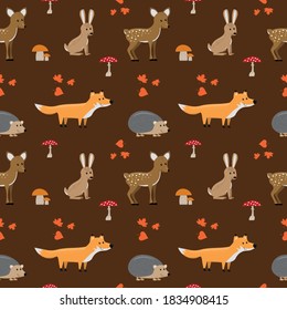 Forest animals funny cartoon seamless pattern in warm brown tones with Deer, Fox, Hedgehog and hare. Vector. Autumn season.