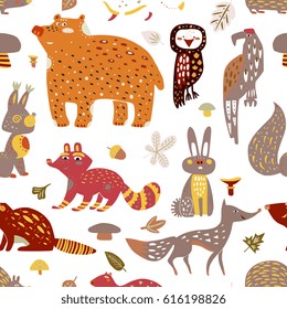 Forest animals had drawn seamless pattern. Vector illustration for cloth, textile design. In cute trendy style. Perfect for children apparel or wrapping paper.