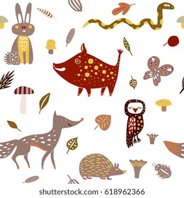 Forest animals had drawn seamless pattern. Vector illustration for cloth, textile design. In cute trendy style. Perfect for children apparel or wrapping paper.