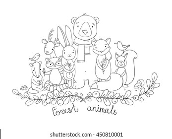 Forest animals. Hand drawing isolated objects on white background. Coloring book