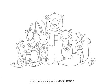 Forest animals. Hand drawing isolated objects on white background. Vector illustration. Coloring book