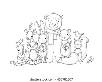 Animales forestales. Dibujar a mano objetos aislados sobre fondo blanco. Ilustración vectorial. 
