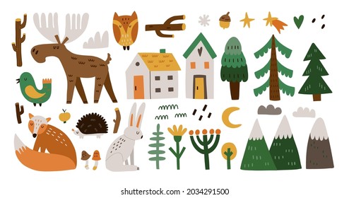 Forest animals. Hand drawn cartoon scandinavian style set, cute scandi elk and fox, bird and hare. Trees wild flowers and mountains, woodland vector isolated illustration