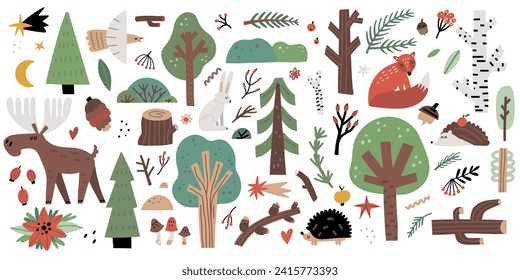 Forest animals. Hand drawn cartoon scandinavian style set, cute scandi elk and fox, bird and hare. Little hedgehog and owl. Doodle print for t-shirt and nursery. Woodland vector isolated illustration