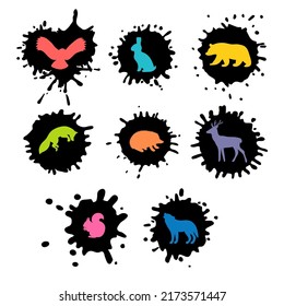 Forest animals. Hand drawn silhouettes. Wild woodland animals in a blot shape. Vector illustration