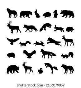 Forest animals. Hand drawn silhouettes. Black outline wild woodland animals. Bear, deer, wolf, fox, owl, hedgehog, squirrel, hare. Vector illustration