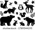 Forest animals hand drawn style silhouette illustration set (Squirrel, Deer, Rabbit, Bear, Fox, Raccoon dog, Owl)