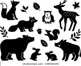 Forest animals hand drawn style silhouette illustration set (Squirrel, Deer, Rabbit, Bear, Fox, Raccoon dog, Owl)