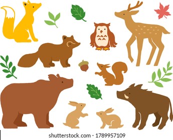 Forest animals hand drawn style illustration set (Squirrel, Deer, Rabbit, Bear, Fox, Raccoon dog, Owl)