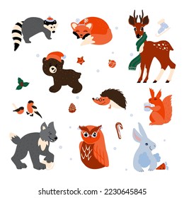 
animales de bosque con estilo dibujado a mano lindos animales en diseño plano zorro, lobo, oso, liebre, mapache, erizo, bullfinch, ciervo, búho para tarjetas de Navidad, invitaciones, fondos de escritorio