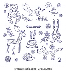 Forest animals hand-drawn on notebook sheet. Sketch pen