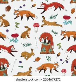 Forest animals hare and fox vector seamless line pattern.