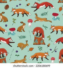 Forest animals hare and fox vector seamless pattern.