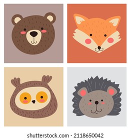 Forest animals head cards isolated set. Vector flat graphic design illustration