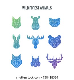 Forest animals heads icons with gradient fill. Simple contour pictograms. Isolated vector elements on white background. Graphic elements can be used as logotypes, emblems of farms, vet clinics, web.