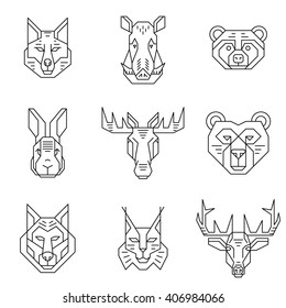 Los animales del bosque encabezan iconos de línea. Pictogramas de contorno simple. Elementos vectoriales aislados sobre fondo blanco. Los elementos gráficos se pueden utilizar como logotipos.