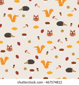 Forest animals. Hedgehog, squirrel, owl. Autumn  - seamless baby pattern. 