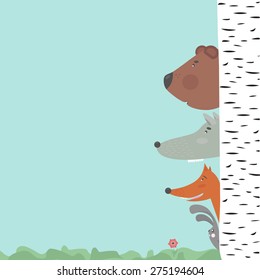 Forest animals hiding behind a tree, looking at something interesting 