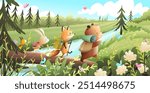 Forest animals hiking, crossing river on a wooden log. Bear fox squirrel and rabbit go on adventure with backpack, waking in forest. Vector cartoon woodland and animals fun scenery wallpaper for kids.