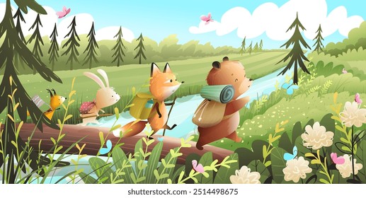 Forest animals hiking, crossing river on a wooden log. Bear fox squirrel and rabbit go on adventure with backpack, waking in forest. Vector cartoon woodland and animals fun scenery wallpaper for kids.