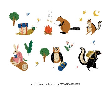 Forest animals hiking on nature set. Chipmunk, beaver, snail, rabbit, owl walking with backpack, roasting marshmallow on bonfire cartoon vector