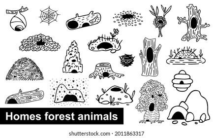 Forest animals homes big set. Black doodle woodland dwellings. Den, tree hollow, den, burrow, nest, cave, beaver dam, hole, anthill, termite mound, beehive, vespiary, cobweb. Нand-drawn wildlife house