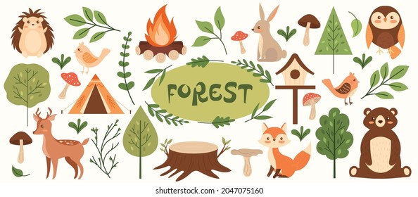 Los animales de los bosques muestran el estilo dibujado a mano. Cute Woodland