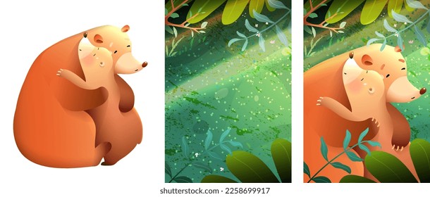 Forest animals illustration. Bear mother loves and hugs her baby. Magical forest background and bears isolated clipart. Cute Illustration for children.