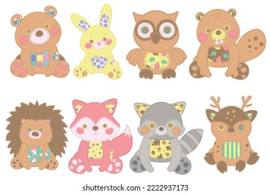  Forest animals. Illustration of forest animals on white patchwork background. Vector. For print, web design.