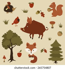Forest animals illustration. Vector icons.